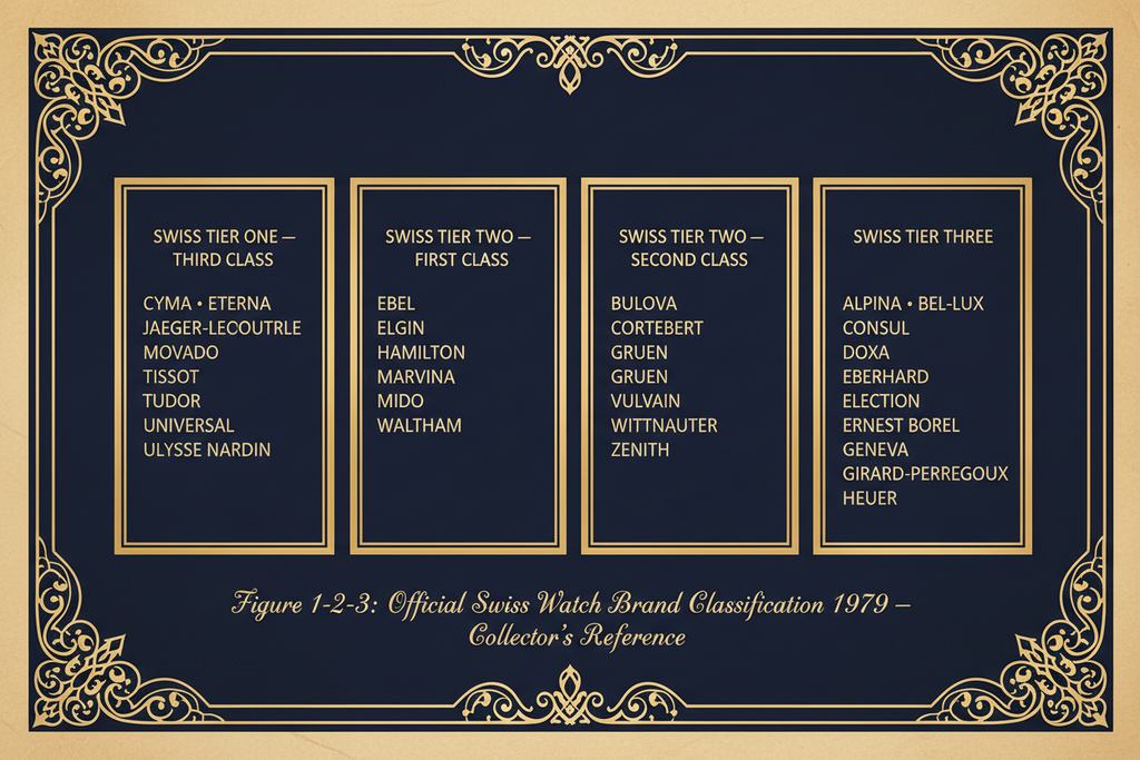 Swiss Watch Brand Classification 1979: Tier One Third Class & Tier Two β CYMA, JLC, Tissot, Tudor, Hamilton, Zenith & More
