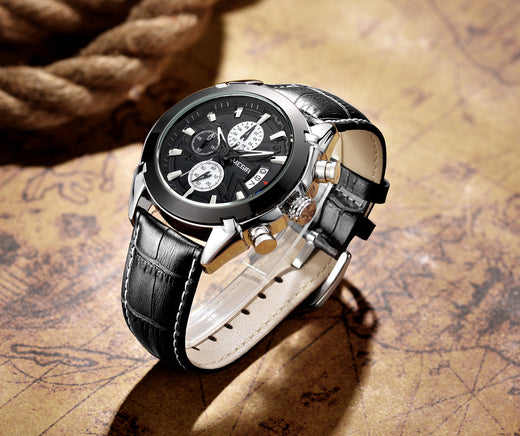 Men's Classic Quartz Watch – Leather Strap, Black & White | Aorawa Time ML2020G