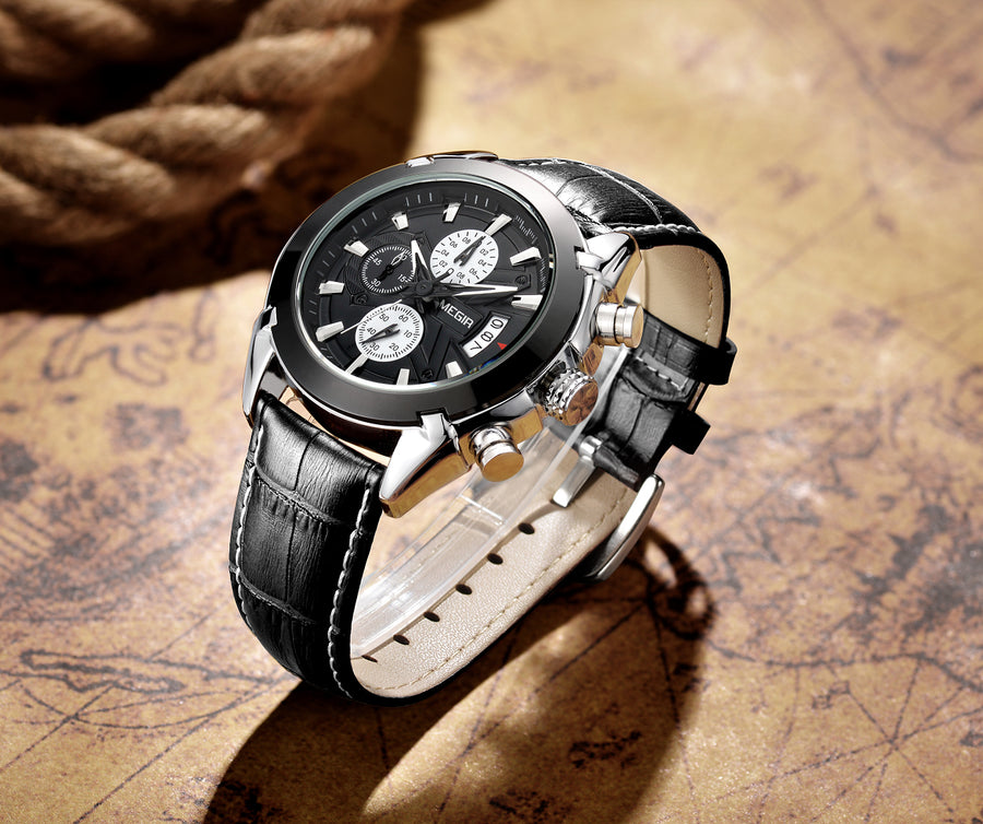 Men's Classic Quartz Watch – Leather Strap, Black & White | Aorawa Time ML2020G