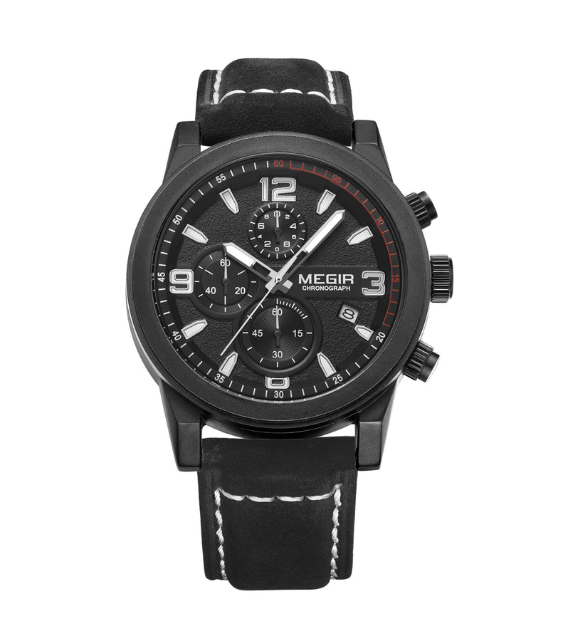 Men's Classic Leather Strap Watch – Black, White & Silver | Aorawa Time ML2026G