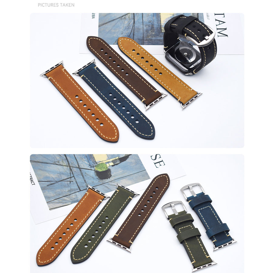 Vintage Leather Apple Watch Band – 8 Colors, Silver & Black Buckle | Compatible with Series 1–10 & Ultra | Aorawa Time