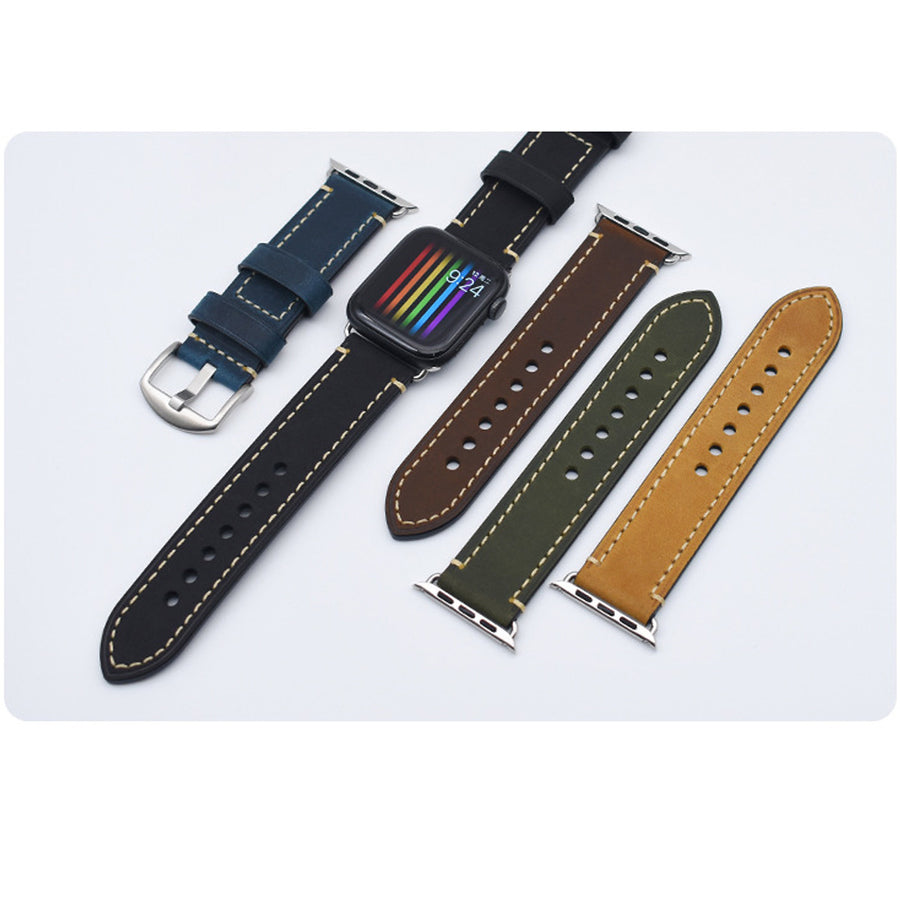 Vintage Leather Apple Watch Band – 8 Colors, Silver & Black Buckle | Compatible with Series 1–10 & Ultra | Aorawa Time