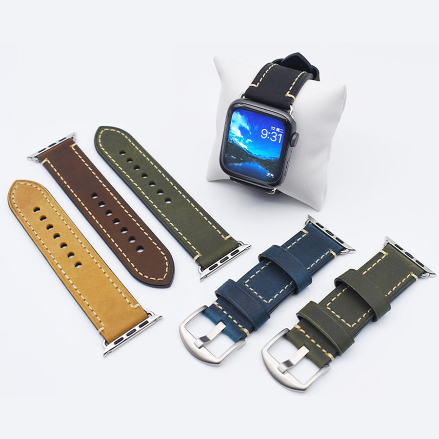 Vintage Leather Apple Watch Band – 8 Colors, Silver & Black Buckle | Compatible with Series 1–10 & Ultra | Aorawa Time