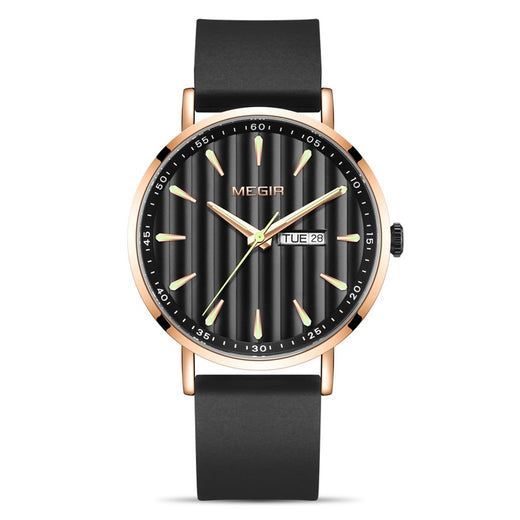 MEGIR 1081 Men's Quartz Watch – Leather Strap, Black, White & Rose Gold