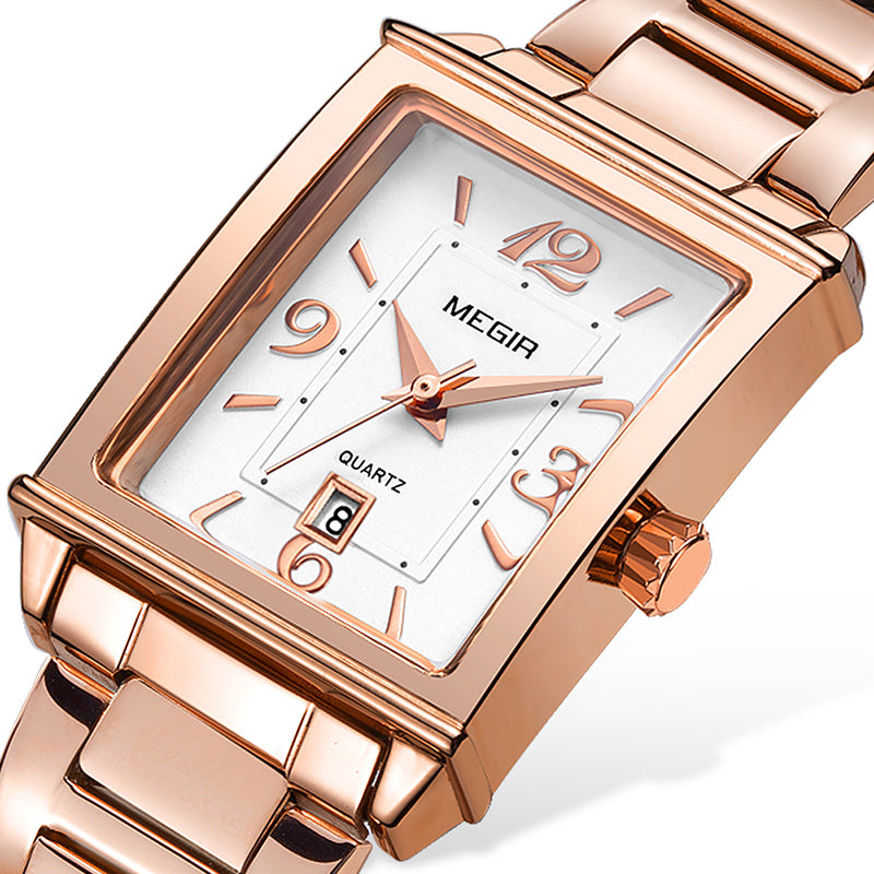 MEGIR 1079 Men's Quartz Watch – Leather Strap, Black & Rose Gold