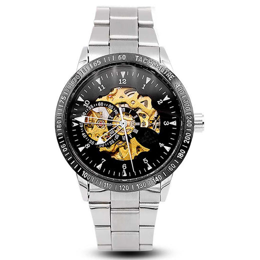 Men's Skeleton Automatic Mechanical Watch – Steampunk Dial, Black & White | Aorawa Time