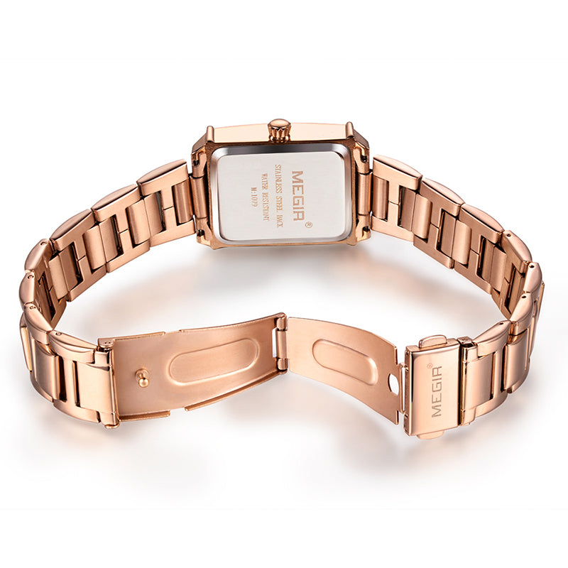 MEGIR 1079 Men's Quartz Watch – Leather Strap, Black & Rose Gold