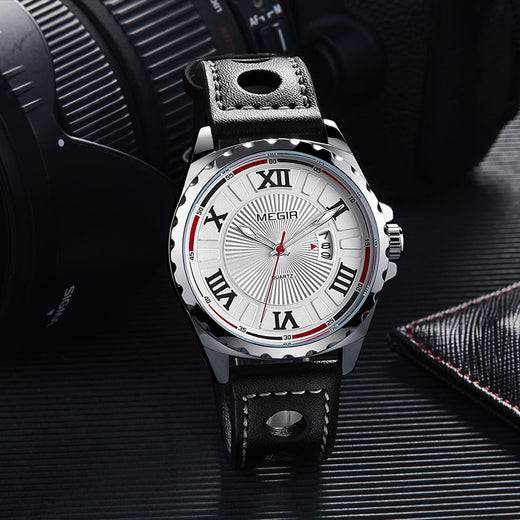 MEGIR 1019 Men's Quartz Watch – Ultralight 62g, Leather Strap, White & Black | Aorawa Time